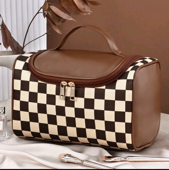 Brown Damier Luxury Designer Style Cosmetic/Makeup/Travel Bag/Case Vegan Leather - Picture 2 of 12